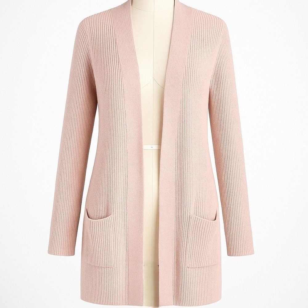 Halogen Cashmere Open Front Cardigan‎ Size M Pink Knit Pockets Coquette Longline